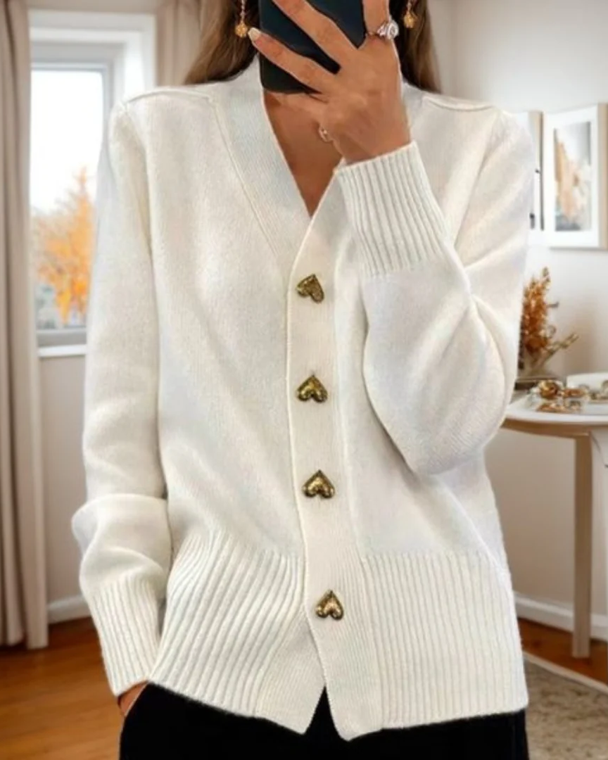 Femme™ | Elegant Heart Button Cardigan