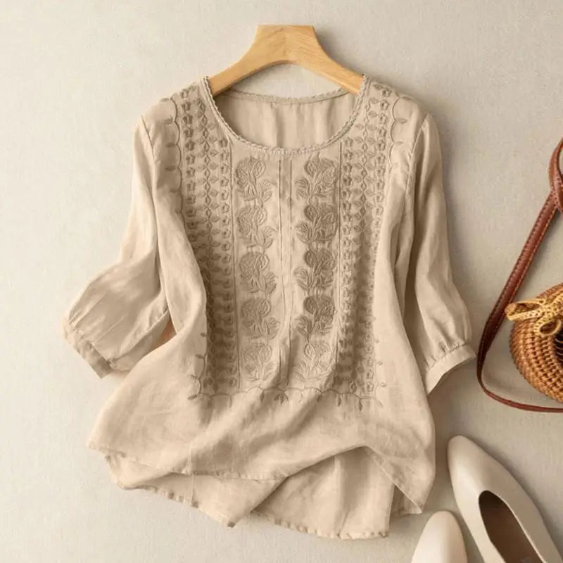 Femme™ | Embroidered Relaxed Blouse (Cotton & Linen)