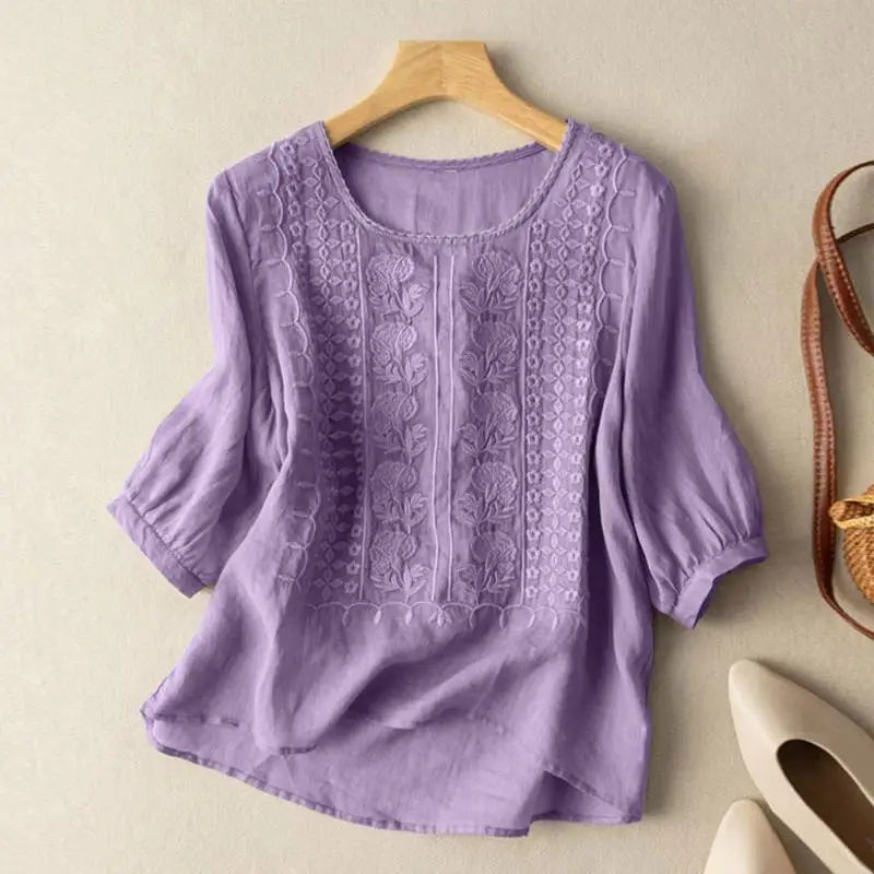 Femme™ | Embroidered Relaxed Blouse (Cotton & Linen)