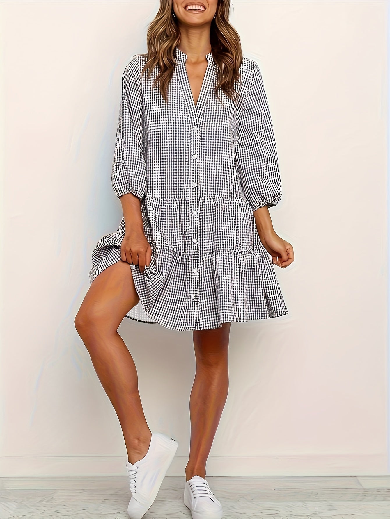 Femme™ | Gingham Button-Up Tiered Dress