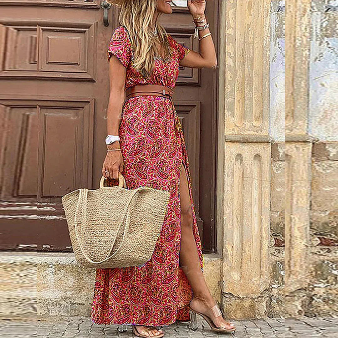 Femme™ | Long Bohemian Dress with Gathered Waist
