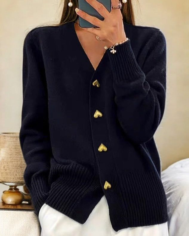 Femme™ | Elegant Heart Button Cardigan