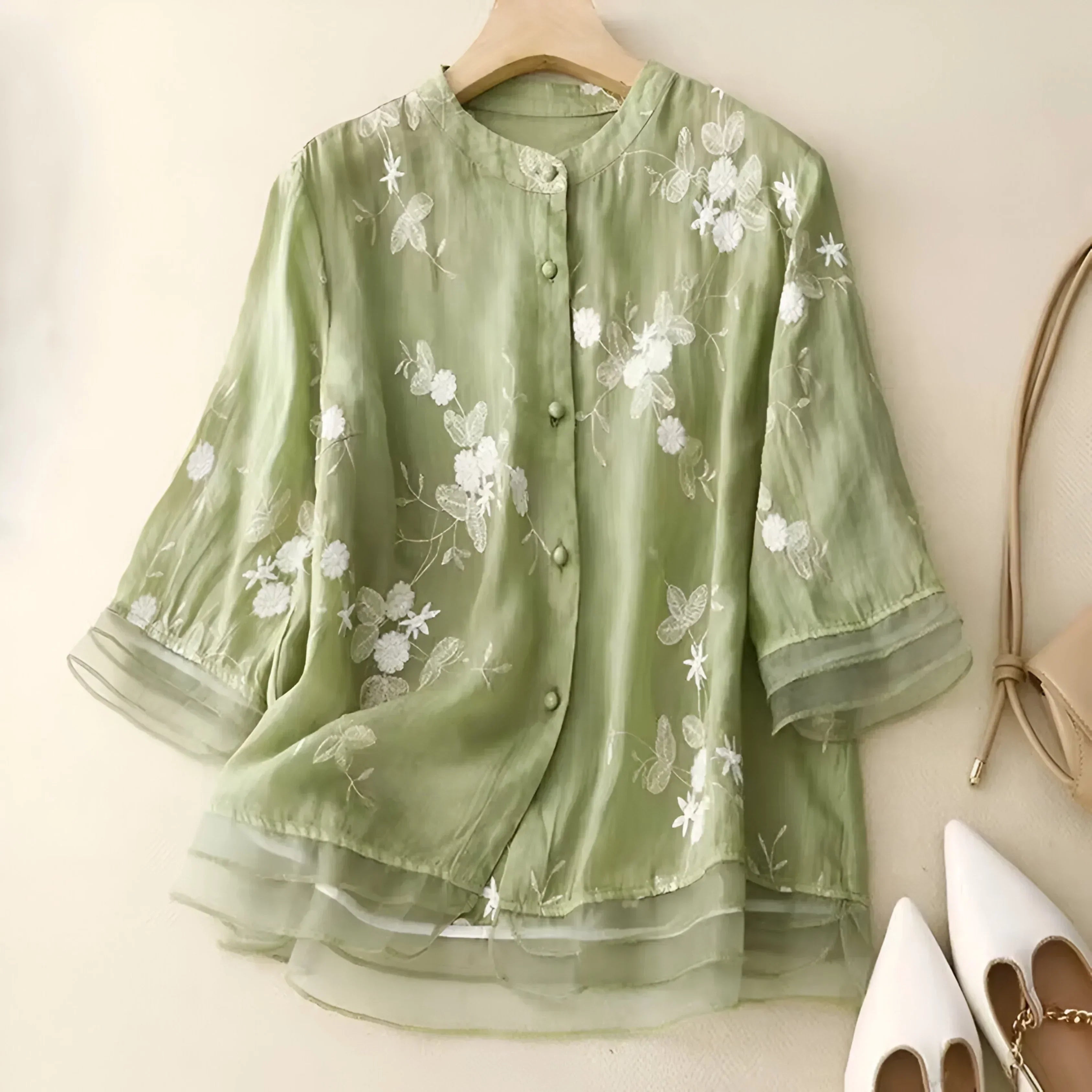 Femme™ | Embroidered Sheer Button Blouse