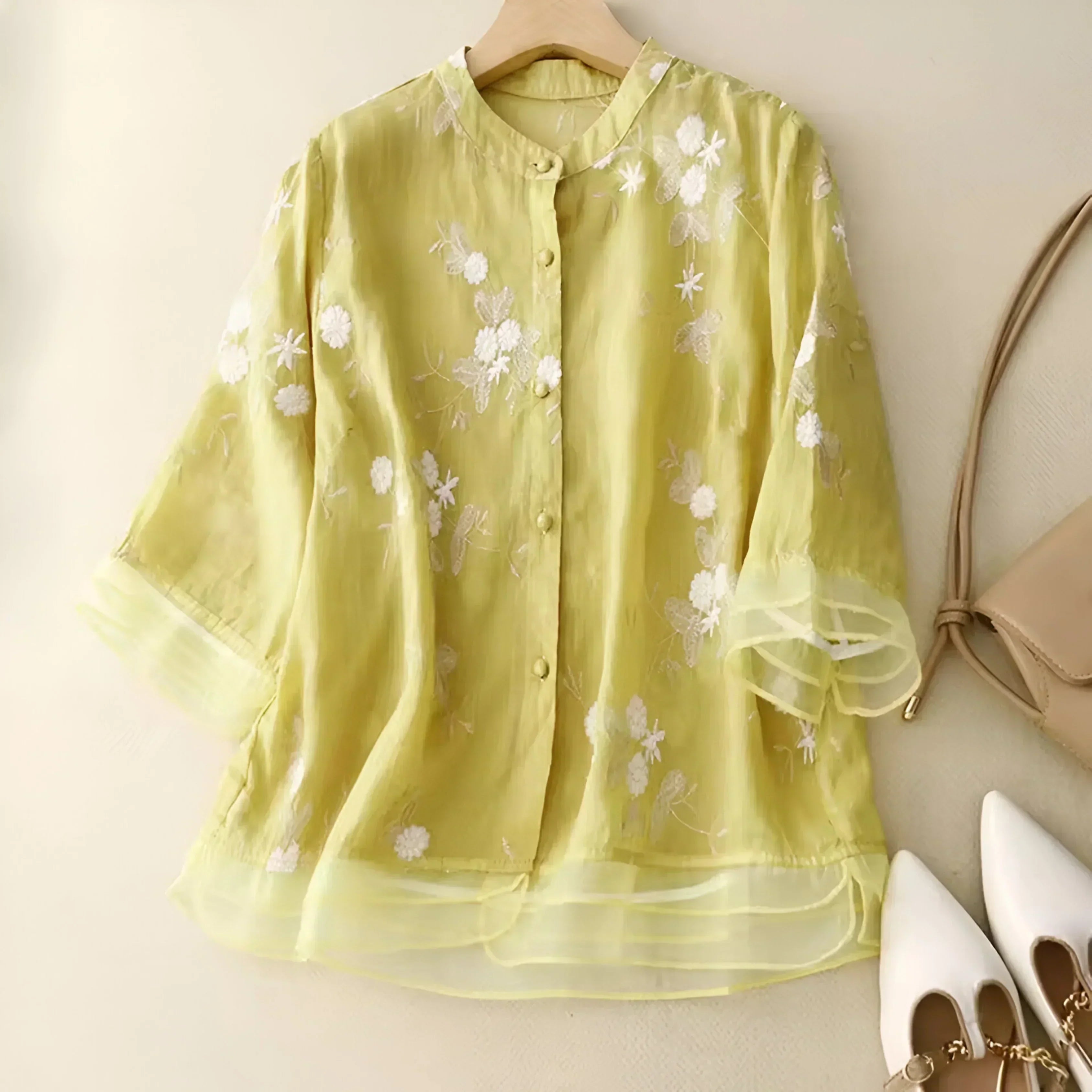 Femme™ | Embroidered Sheer Button Blouse