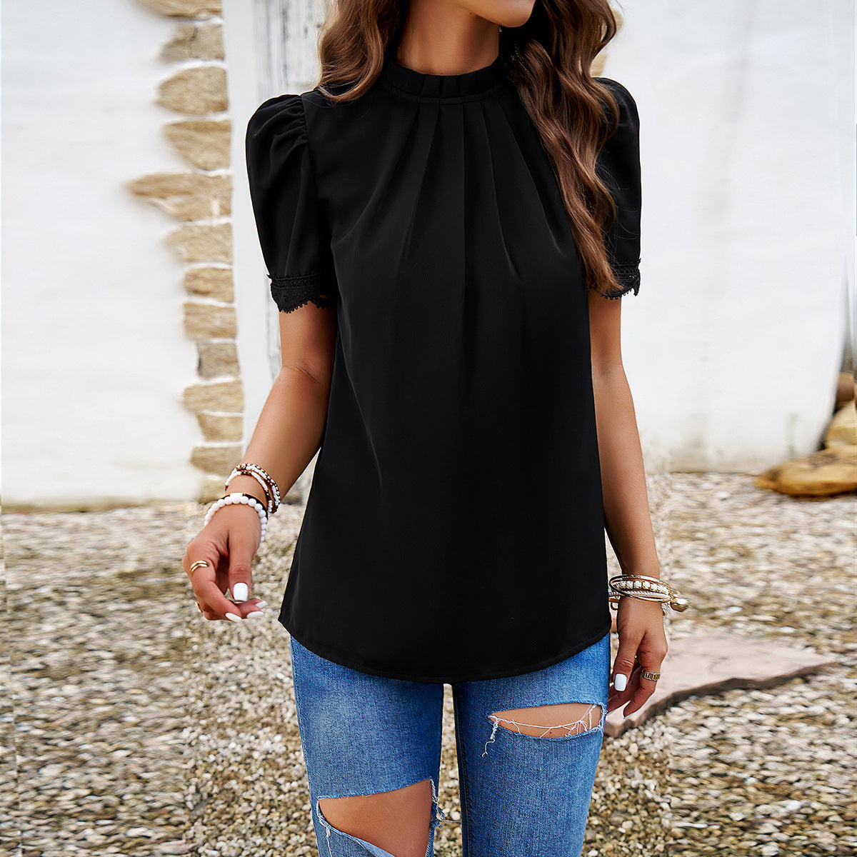 Femme™ | Pleated High Neck Lace Blouse