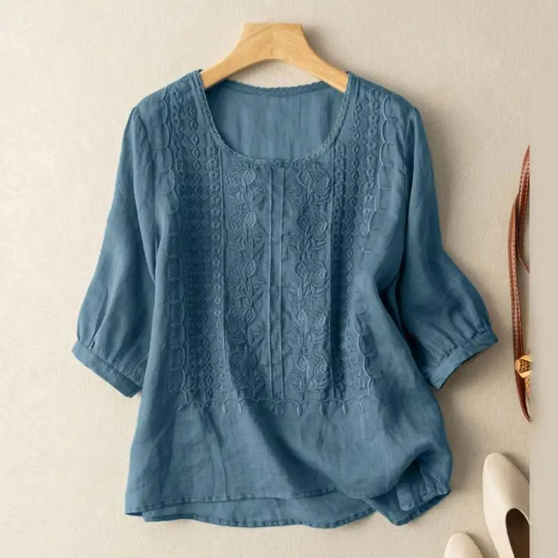 Femme™ | Embroidered Relaxed Blouse (Cotton & Linen)