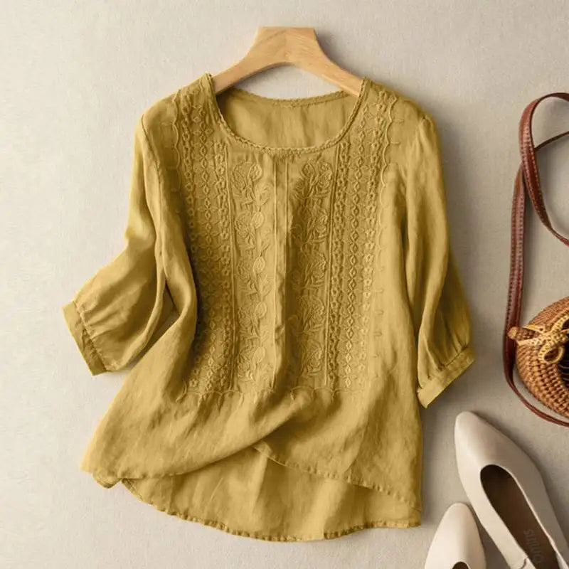 Femme™ | Embroidered Relaxed Blouse (Cotton & Linen)
