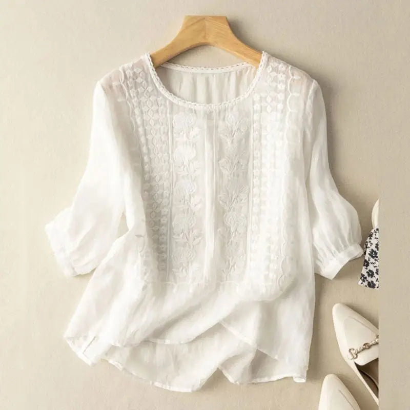 Femme™ | Embroidered Relaxed Blouse (Cotton & Linen)