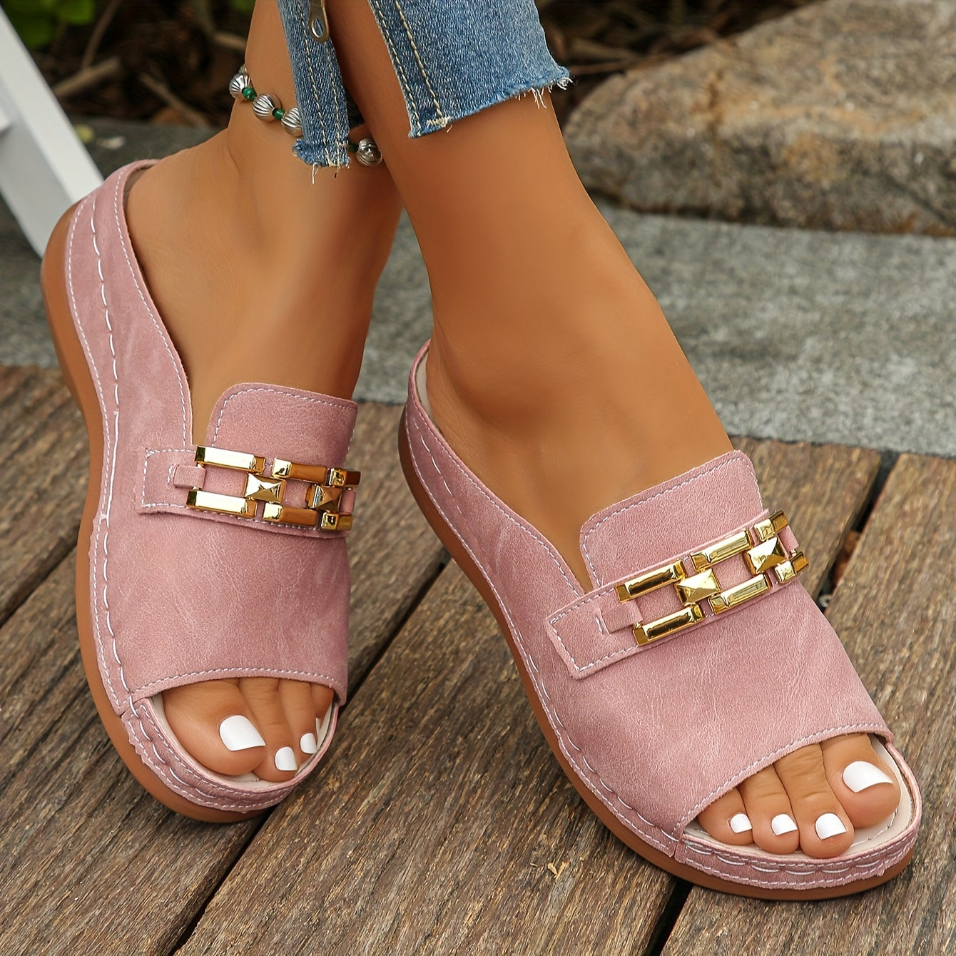 Femme™ | Gold-Link Slide Sandals